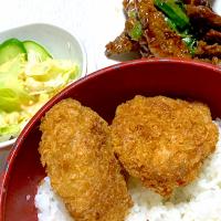 レバーの甘辛炒め、サラダ、ミニカツ丼
